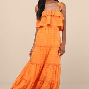 Lulus Inaya Orange Textured Tie-strap Tiered Maxi Dress - Size M